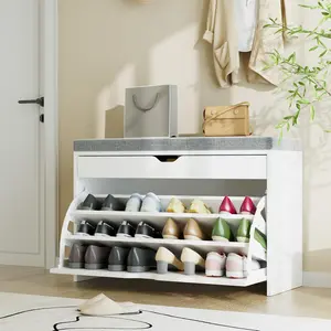 VOWNER Shoe Storage Bench with 3-Tier Flip Drawer, Shoe Rack Bench with Adjustable Shelves & Hidden Storage Space, Shoe Organizer for Entryway, Hallway, Living Room, White, Shoe Rack Organizer, Minimalist