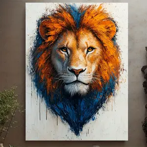 1 Piece Heart-Shaped Lion Valentine's Day Art Painting - Vibrant Orange and Blue Canvas Print with Recycled Wood Frame, Home, Office Wall Decoration or Gift, Can Be Hanged Directly, 2D Flat Lion Wall Decor