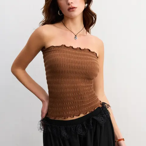 Women's Tube Top - Scrunch Texture, Lettuce-Edge Trim, Minimalist Bohemian Casual Sleeveless, Layer-Friendly Basic - Affordable Womenswear Tops, Bohemian Sleeveless Top Boho Sleeveless Short White