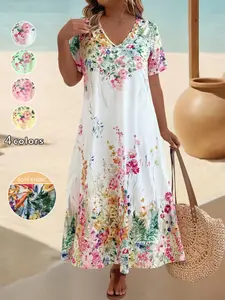 Boho Floral Long Dress, V Neck Short Sleeve Flowy Beach Vacation Maxi Dress, Plus Size Summer Fashion, Elegant and Comfortable