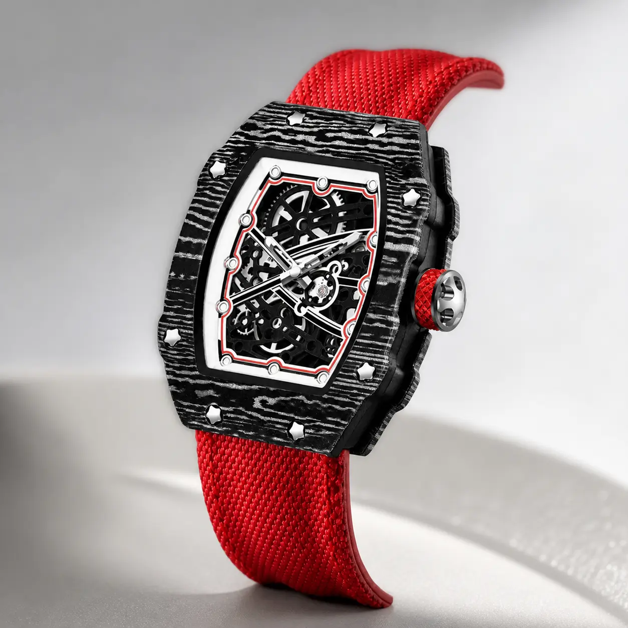 Men's Luxury Tonneau-Form Skeleton Dial Quartz Move Watch - Durable Nylon Band, Modern Fashion Accessory for Sophisticated Male Trendsetters