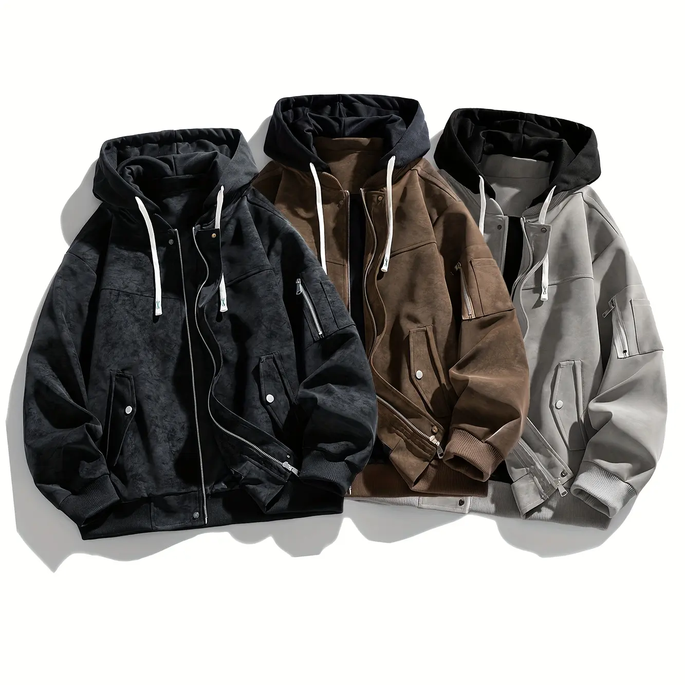 Veiskor-Men’s hooded baseball jacket for spring/fall, American vintage style, double zip front with snap buttons, multiple pockets, ribbed cuffs, streetwear versatile casual workwear jacket