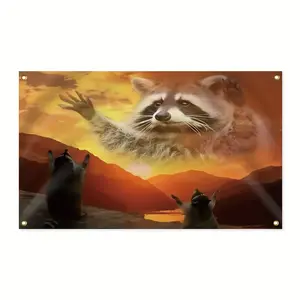 3x5ft Vibrant Raccoon Sunset Flag - Fade-Resistant Purple Polyester Tapestry with Brass Grommets, Double-Stitched Edges for Indoor/Outdoor Decor, Decorative Tapestry | Sunset Raccoon Design | Brass Grommet Flag