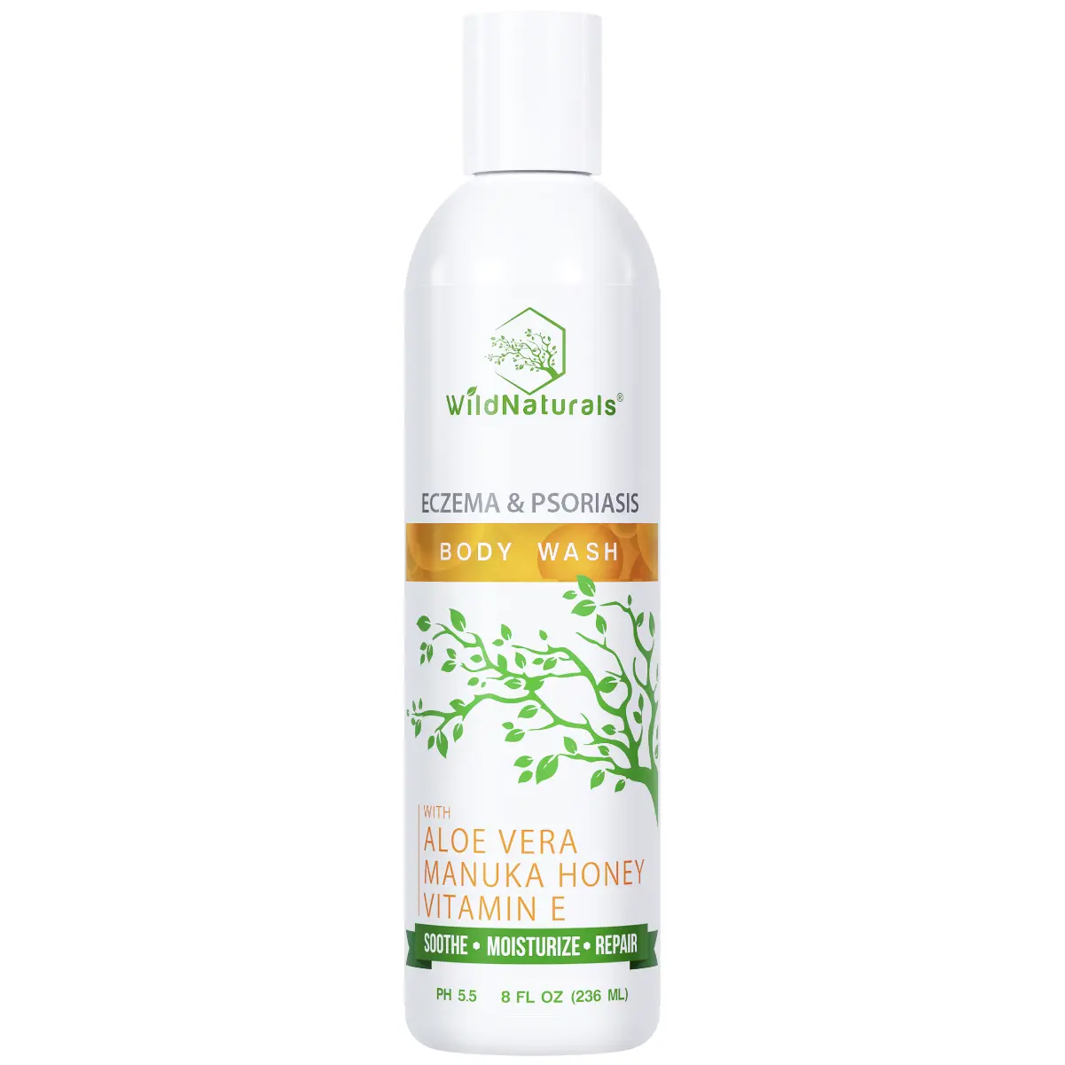 Wild Naturals Eczema & Psoriasis Body Wash - Gentle Cleanser for Sensitive Skin with Aloe Vera & Manuka Honey - pH Balanced Formula for Dry, Itchy, Flaky Skin Relief - 8oz - Moisturize