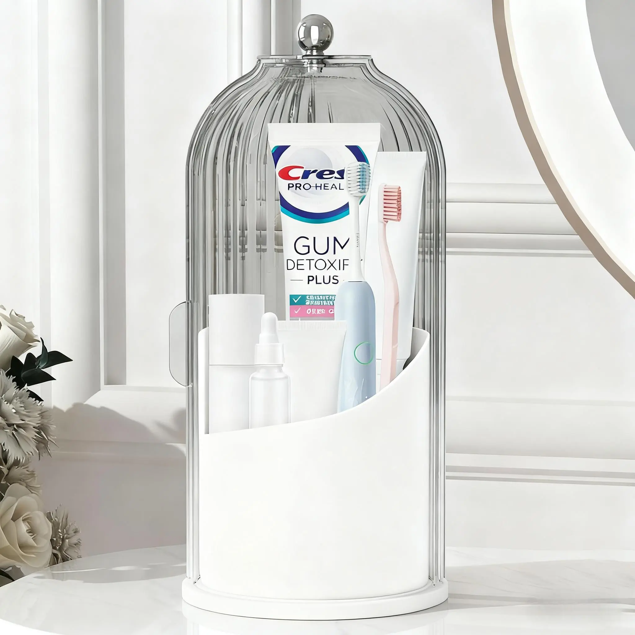 ABS Plastic Mount Toothbrush Holder Organizer - 360-Rotating, Dustproof, Modern Multi-Compartment Toothbrush Storage with Sliding Door Transparent Lid, 3 Slots, Vanity Makeup Container, Valentine's Day Gift for GF (1 Count)