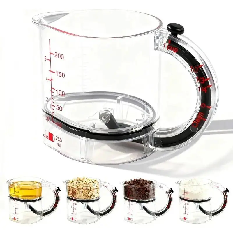 4-in-1 Adjustable Measuring Cup, All in One Multi-Functional Measuring Cups with Adjustable Base & Scraper for Wet Dry Sticky Ingredients, Space-Saving Easy to Clean No Waste Design, Kitchen Measuring Utensils