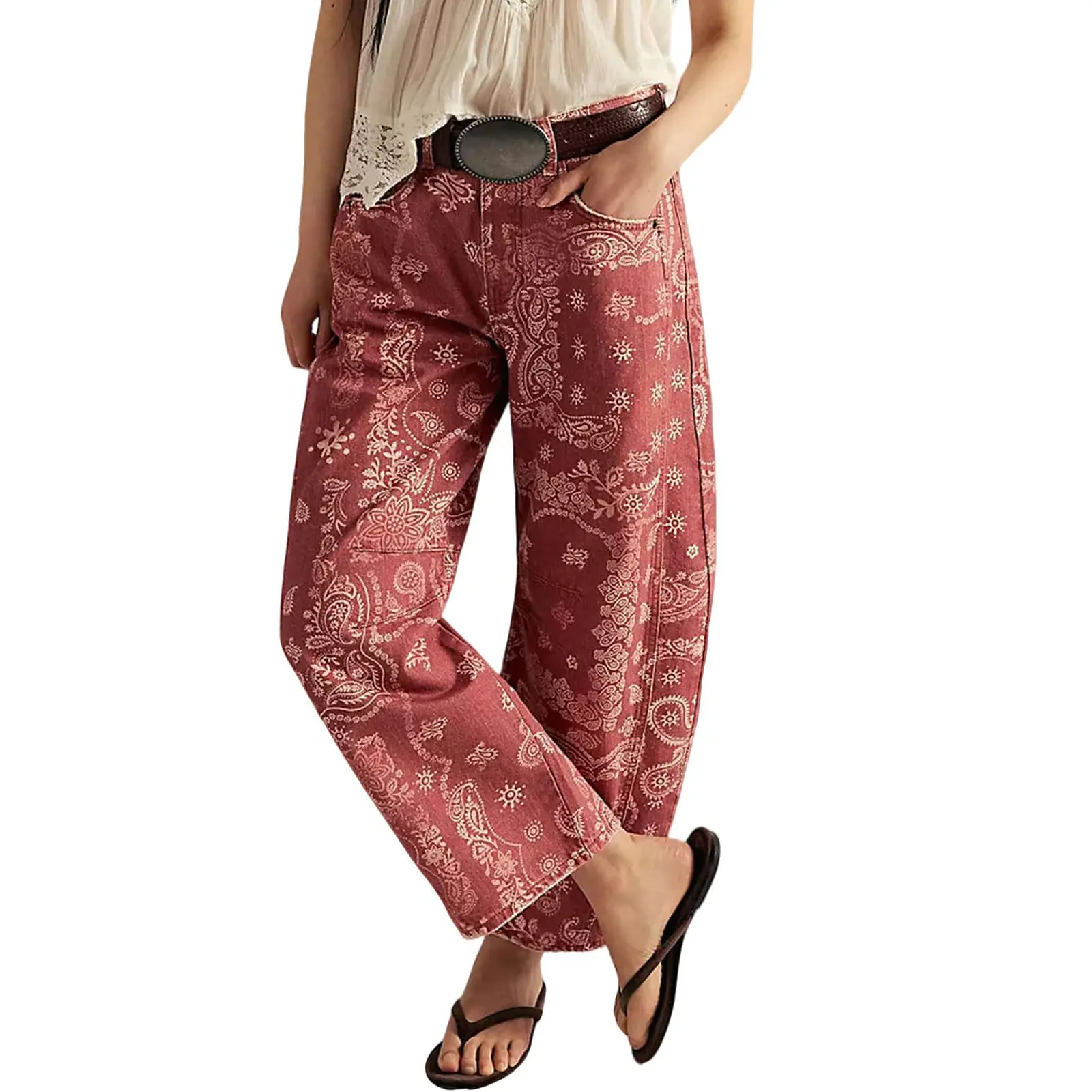 CHOUYATOU Women's Printed Wide-Leg Jeans Y2k Loose Mid-Rise Jeans in Soft Pink with Boho Floral Pattern Casual Denim Trousers CHOUYATOU Women's Printed Wide-Leg Jeans Y2k Loose Mid-Rise Jeans in Soft Pink with Boho Floral Pattern Casual Denim Trousers