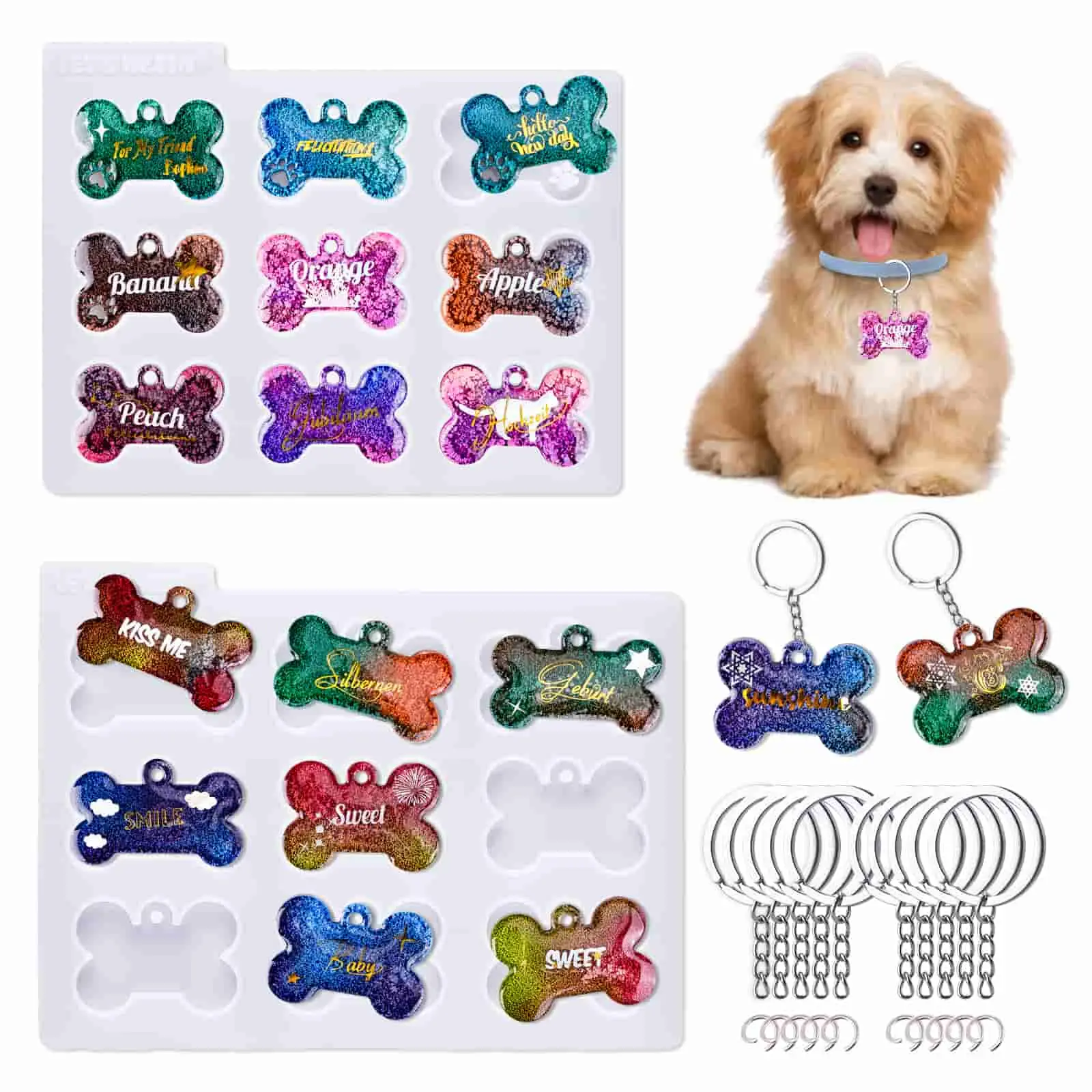 Pet Tag Resin Molds Silicone For Cat Dog, Bone Shape Keychain Molds with 10 Count Key Ring & 10 Count Jump Ring, DIY Keychain Pendant Charm Crafts - LET'S RESIN