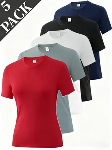 5 Pack Plus Size Women's Breathable Moisture-Wicking Base Layer Tops - Loose-Fit Round Neck Short-Sleeve Solid Color Casual Layering Shirts for Curvy Women, All-Season Wear SpringStatements