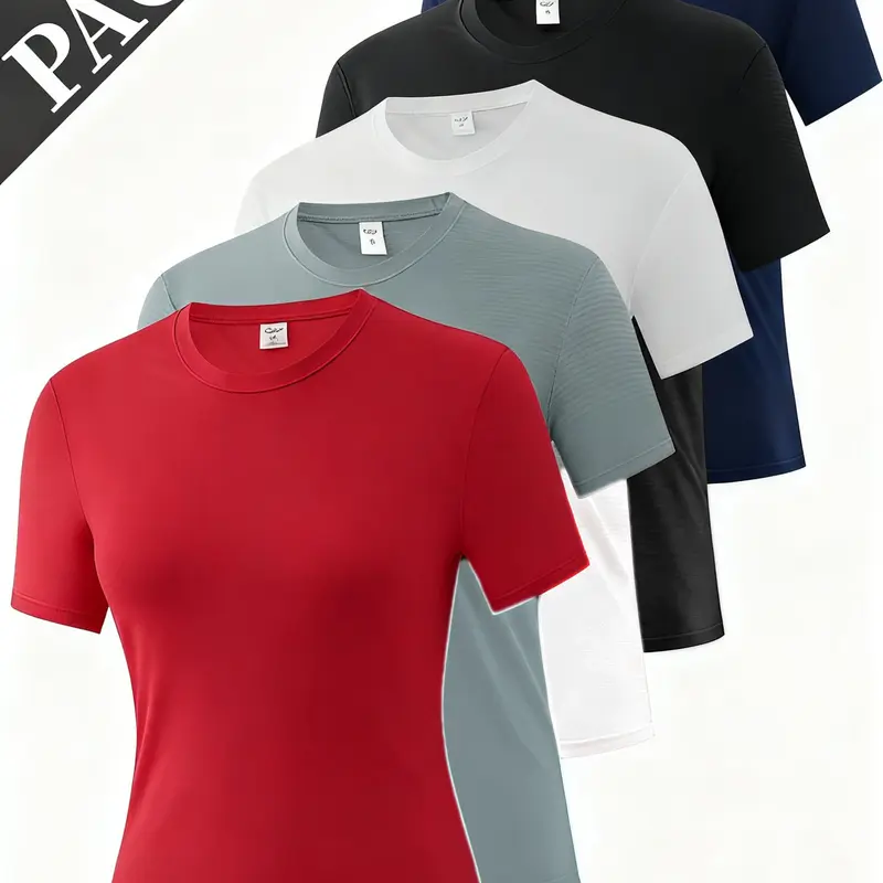 Women's Plus Size (2XL, 3XL) Basic 5-Pack Shirts - Loose-Fit Short-Sleeve Solid Quick Dry Breathable Moisture-Wicking Workout Sports Tops for Casual Sportswear Base Layer
