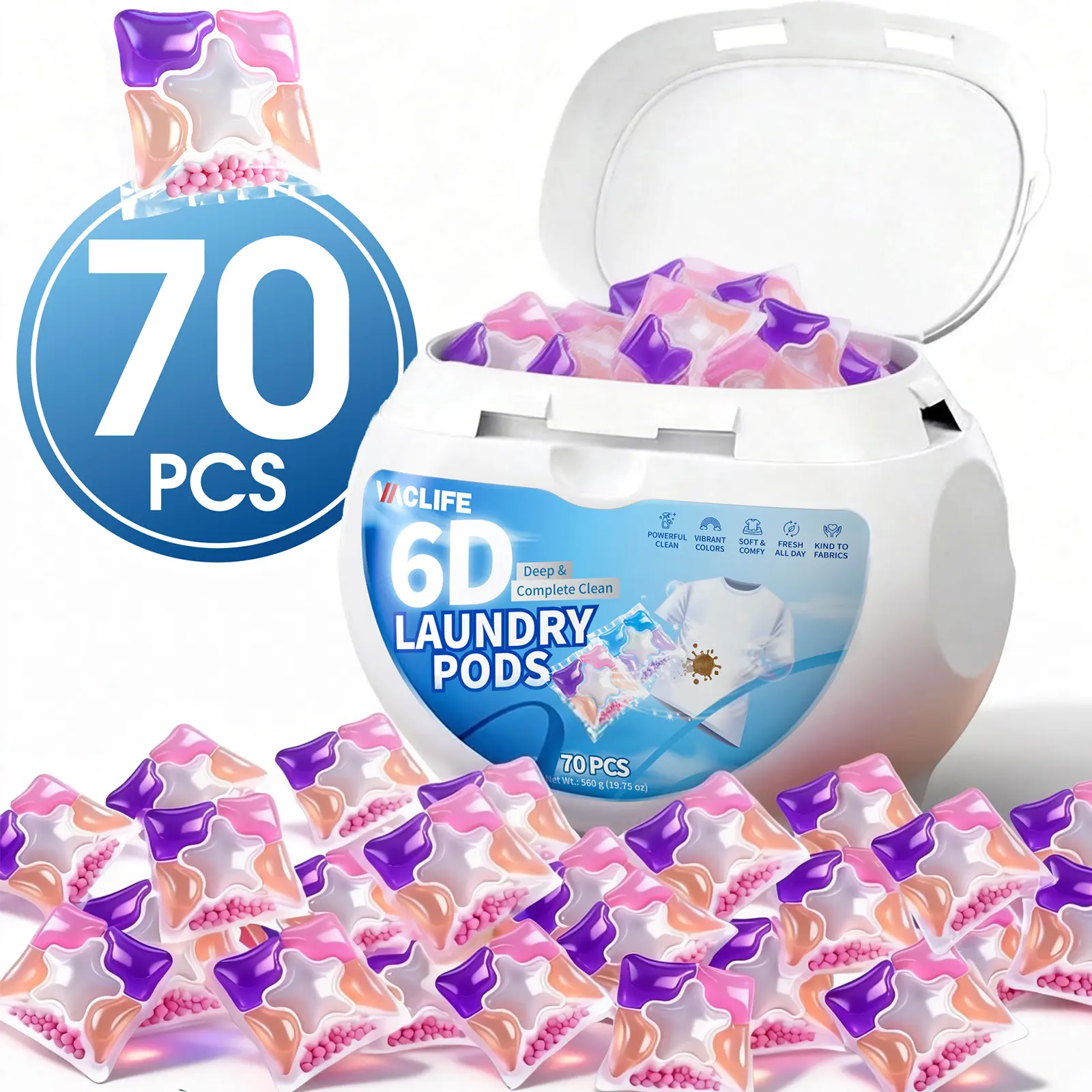 VacLife Premium Household Laundry Detergent Pods, 70 Pcs Pink 6-Chamber Pod Format, 8X Deep Cleaning Stain Remover, Even Detergent Mix, 72H Long-Lasting Fresh Lingers Through the Day, Anti-Mite for Washing Machines