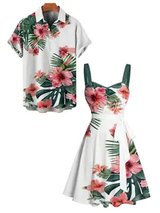2025 Couple Set Women's Vacation Tropical Flower Print Belted Mini Dress And Men's Short Sleeve Shirt Matching Outfit summerwins