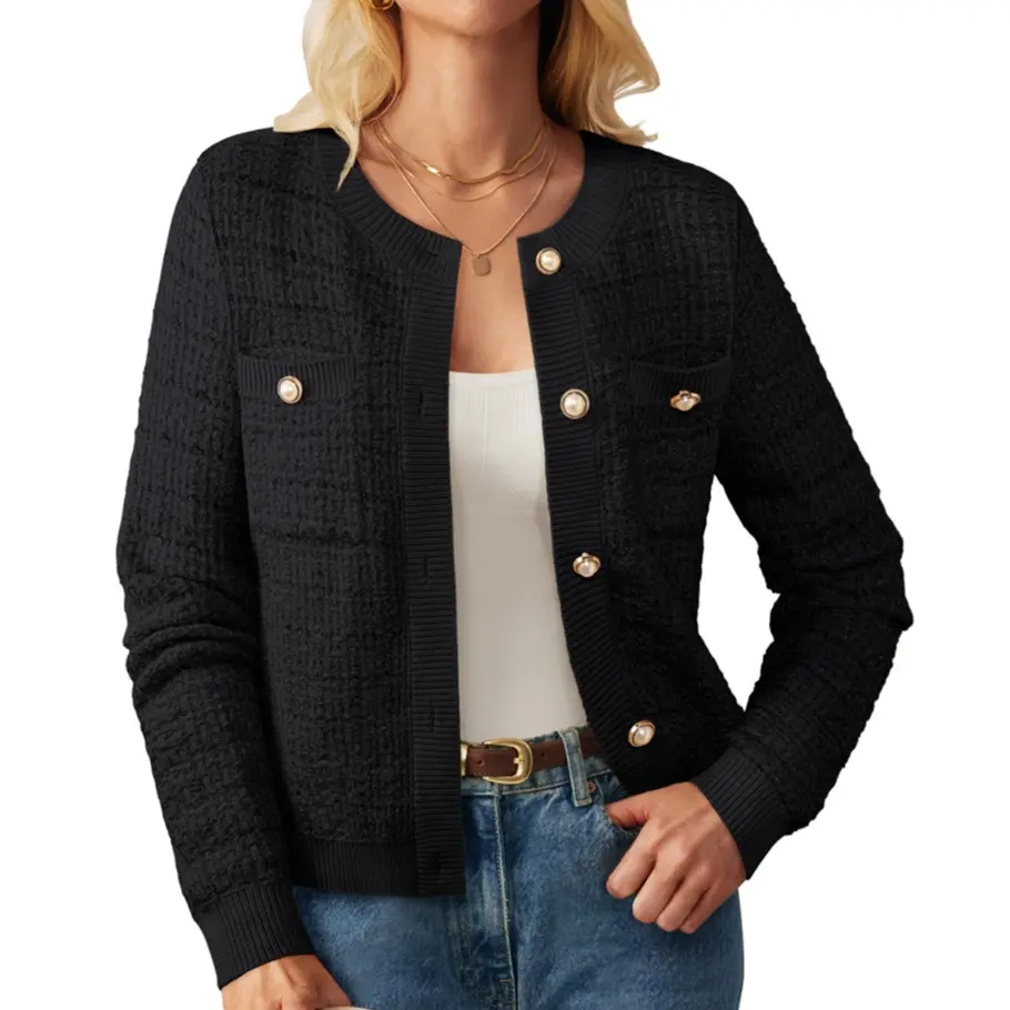 GRACE KARIN Women's Open-Front Button-Down Long-Sleeve Textured Knit Cardigan with Pockets, Women's Knitwear, Cardigan For Women