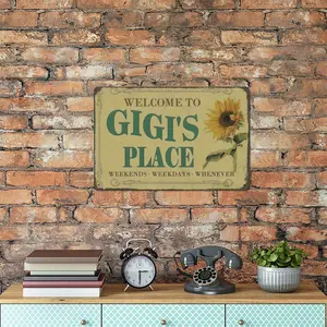 8×12 inch Vintage Gigi's Place Sunflower Metal Sign, Retro Aluminum Wall Plaque, Welcome Decor for Gigi’s House, Farmhouse Kitchen Porch Decor Gift for Grandma