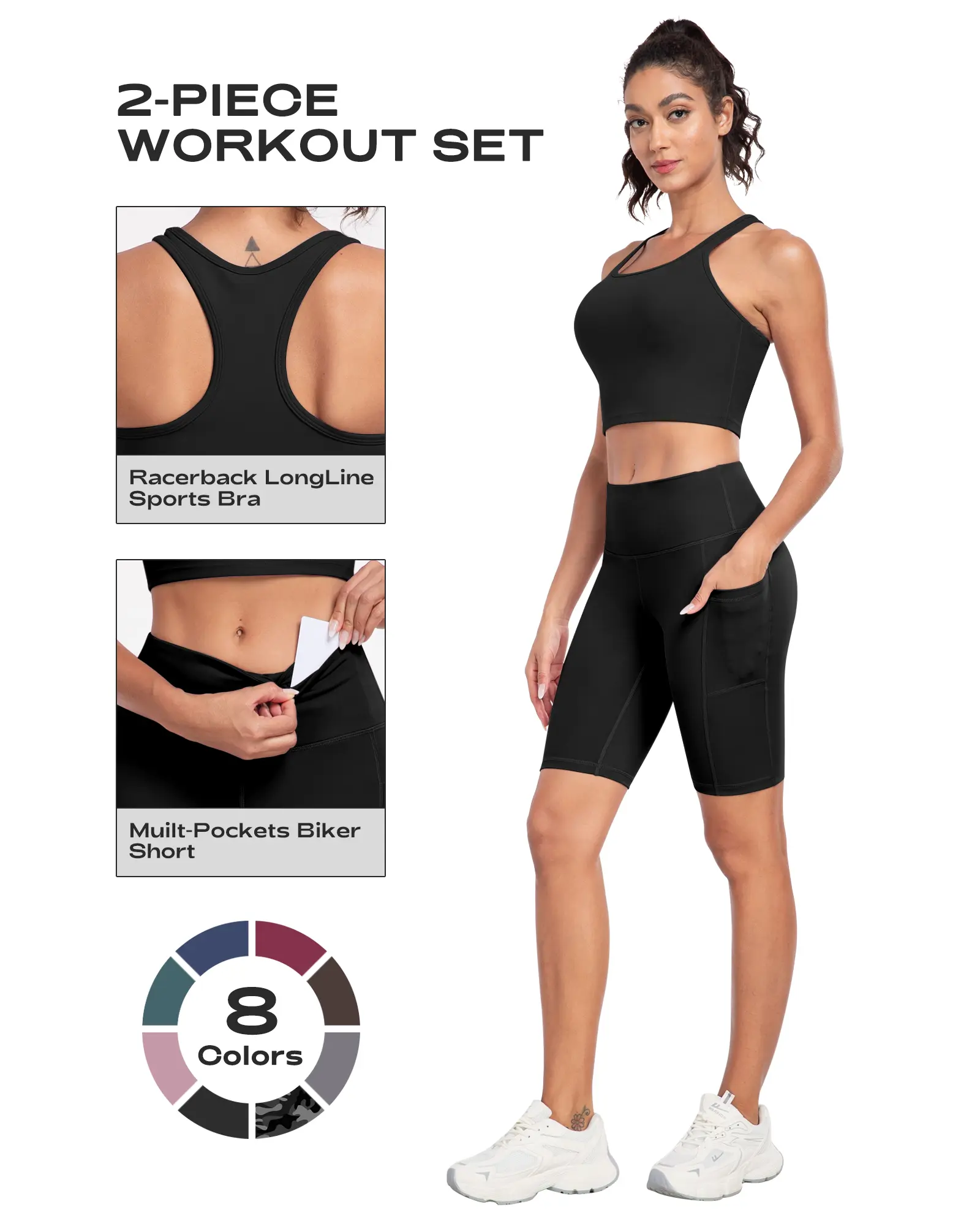 【Fast 3-Day Delivery】2026 New 2-Piece Workout Set - Racerback Longline Sports Bra High Impact + Tummy Control Biker Shorts with 1 Waist Hidden Pocket & 2 Side Pockets – Women’s Yoga Out Activewear for Gym Running Training