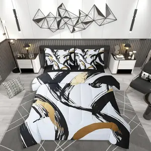 Black Gold Comforter Set 7 Pieces Kids Abstract Ink Line Bedding Set for Boys Girls Teens Geometric Modern Art Bed in a Bag Soft Lightweight Microfiber Room Decor