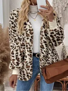 Women's Fashion Autumn Winter Printed Plush Cardigan, Mid-Length Buttonless Coat, Soft Warm Outerwear for Ladies