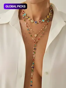 Women's Boho Style Alloy Chain Necklace Set, Boho Chic Crystal, Colorful Crystal Pendant Jewelry for Women, Casual Daily Wear & Holiday Gift Ideas