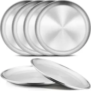 6-Piece 18/8 Stainless Steel Plates, 8 Inch 304 Metal Dinner Dishes for Kids Toddlers, Round Serving Plate, Dishwasher Safe