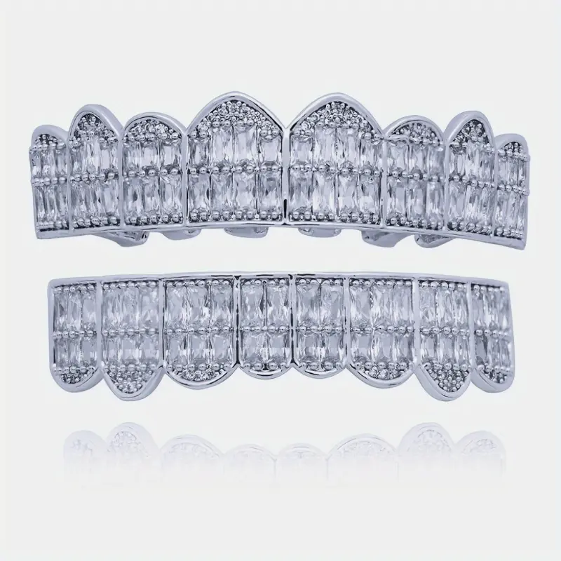 Iced-Out Luxury: 2PCS/Set 18K Golden Plated Full Ice Teeth Grillz - Dazzling Zirconia Stones Oral