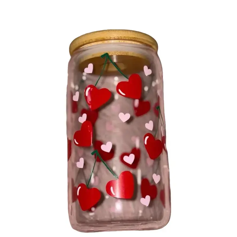 16 oz Cherries Glass Cup - Red Heart-Shaped Design for Beverage Use - Bottles, Drinkware Tumblers