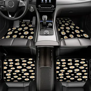 4pcs Car Mats highlighting Daisy Field on Black Design, compatible with Sedans or SUVs, featuring Cleaning-Friendly surfaces and Gift Idea options, while also accommodating Family Travel and Interior Decoration.
