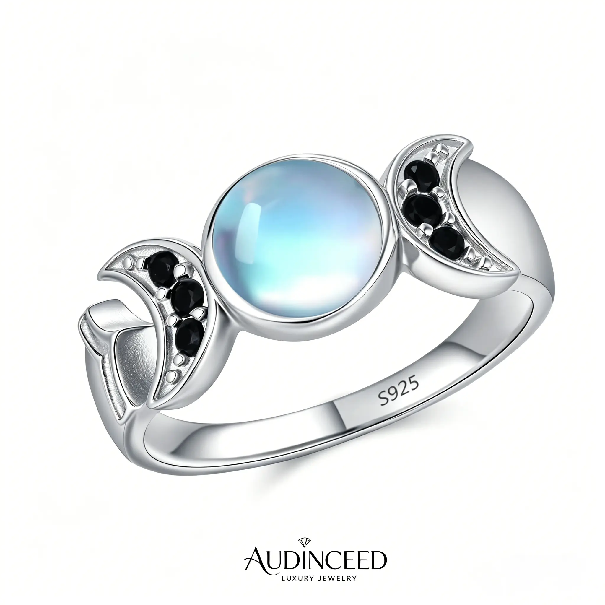 Audinceed Hecate Triple Moon Ring S925 Sterling Silver Moonstone with Cubic Zirconia Accents, Witchtok Wiccan Pagan Celtic Pentacle Adjustable Open Ring, Protection Amulet Gift for Women
