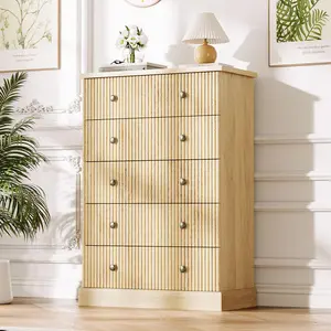 Garvee and Garvee 5 Drawer Tall Vertical Chest of Drawers for Bedroom, Fluted Wood Design, Ideal for Clothing Storage in Small Spaces, Available in Natural and White & Natural Finishes