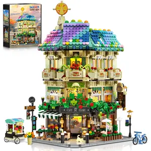 Flower Cafe House Building Set with Lights, 1876 PCS City Street Corner Shop Construction Model, Art Architecture Modular Building Block Kit Home Decor, Gift for Adults Teens Boys Girls 12+