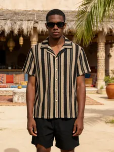 Men's Cuban Collar Striped Knitted Jacquard Stretch Short Sleeve Shirt, Casual Breathable Soft Button Down, Summer Beach Top