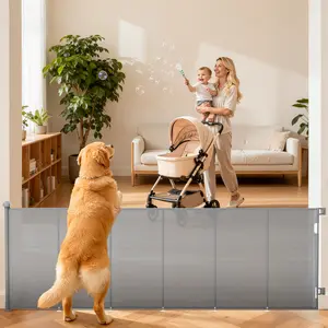 Retractable Baby Gate for Stairs, 42" Tall X 120" Wide Mesh Dog Gate Indoor, Child Gate for Doorways, Hallways, Deck, Indoor Outdoor Pet Baby Safety Essentials for Home, Gray/Black/White (2 Pack)
