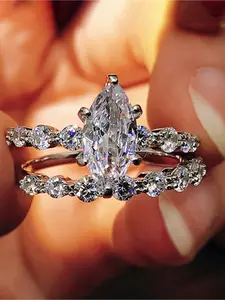 2 PC/Set Shiny Marquise Cubic Zirconia Rings, Solitaire Engagement Rings for Women Fashion Jewelry for Festival Party Decor Wedding Engagement Promise Ring Ladies Anniversary Birthday Valentine's Day Gift for Girlfriend