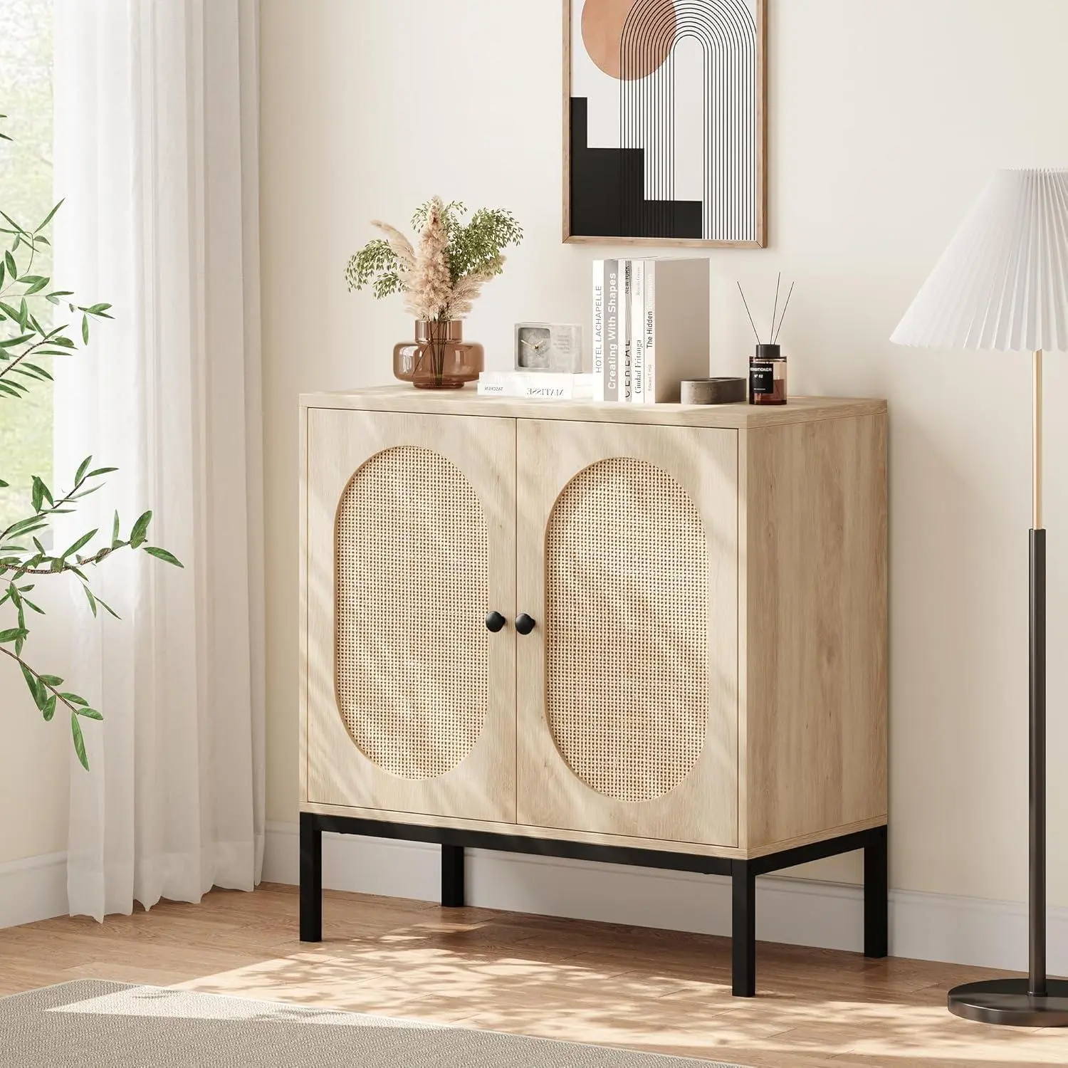 Modern Rattan Weave Storage Sideboard - 2-Door Indoor Furniture Cabinet, 80x40x83cm Storage Unit for Living Room & Kitchen, Two Doors