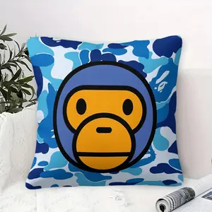 Cute Monkey Blue Camo Plush Cushion with Inner, 45cm Square Zippered Pillow Throw, Blue-White Camouflage with Large Cartoon Monkey Image, Soft & Cozy, Perfect for Bedroom Decor, Ideal Gift for Kids & Adults, Fabric Cushion