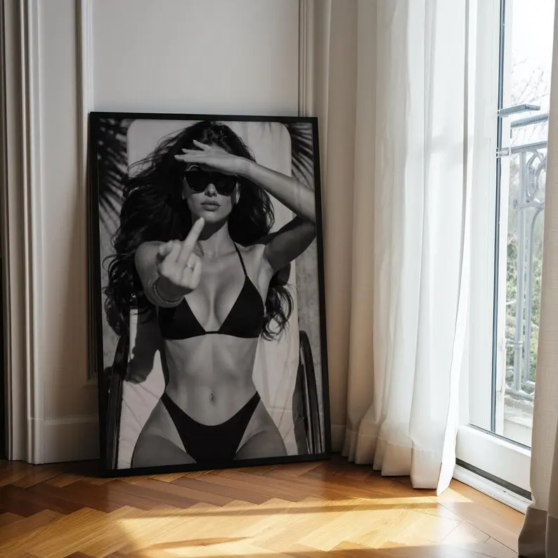 Edgy Middle Finger Bikini Poster, Girl Black and White Photography , Fashion Poster [ NO FRAME ]