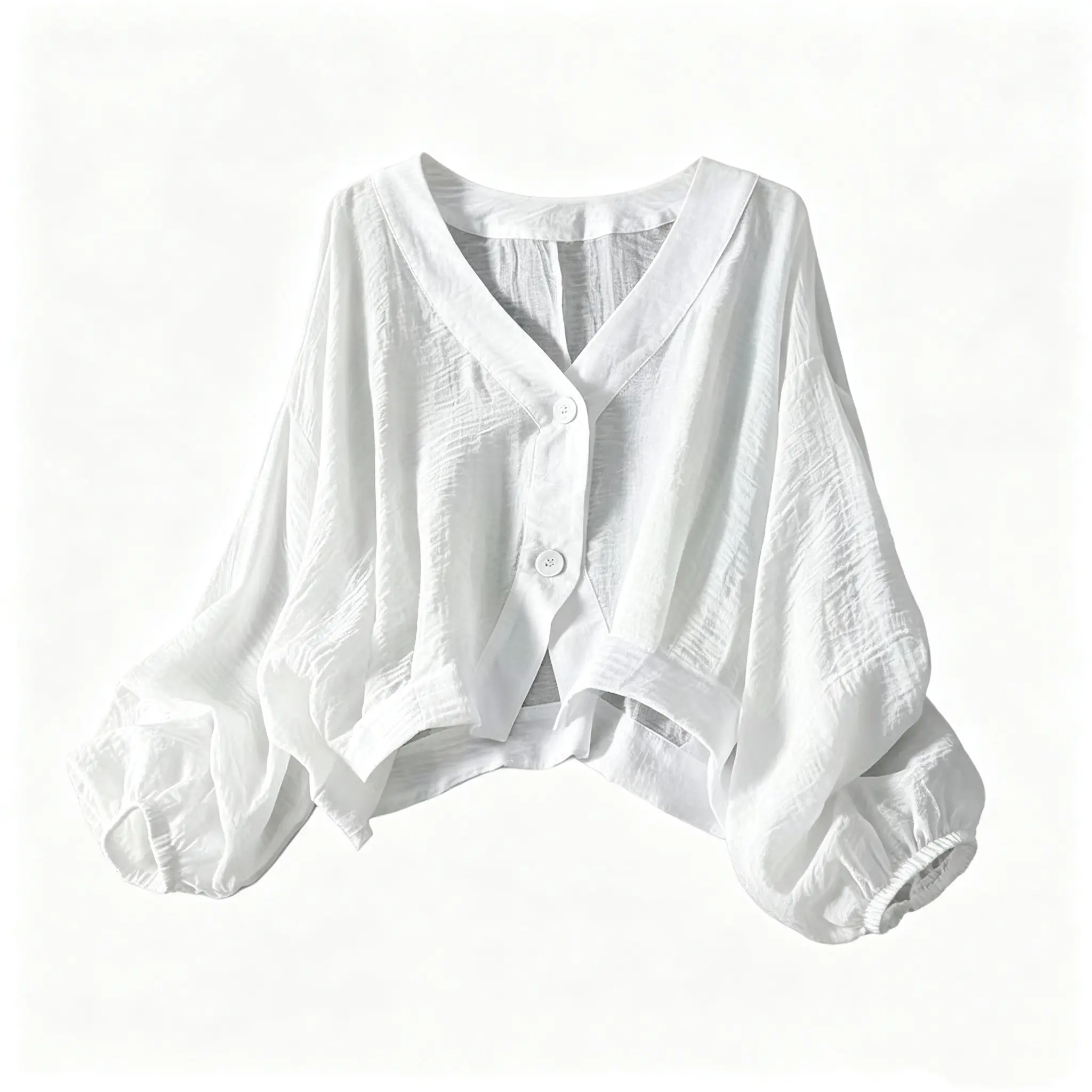 Lightweight Sheer White Crop Sun Jacket for Women, Loose Puff Sleeve V Neck Button Down UV Protection Cover Up for Travel Beach Daily Wear
