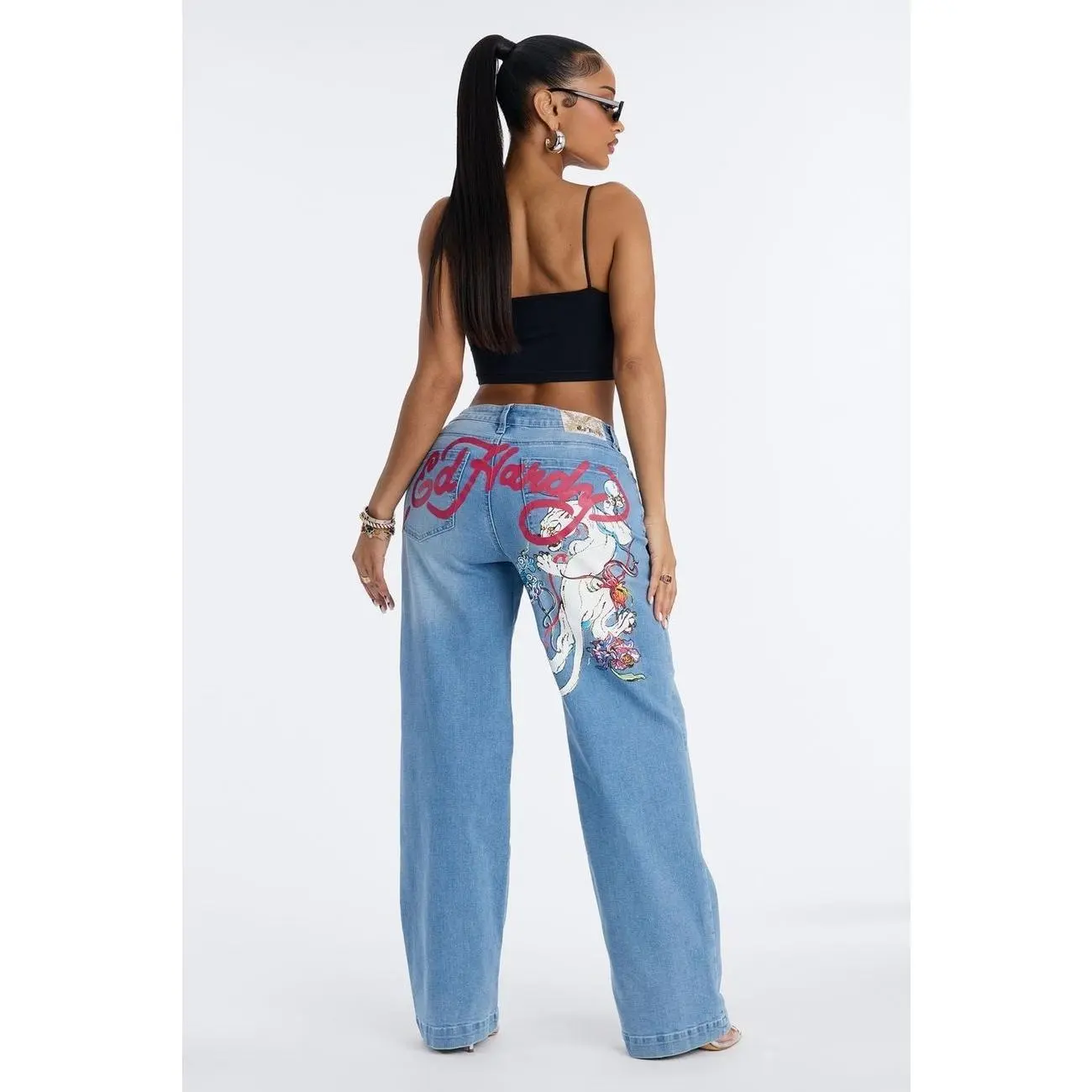 Ed Hardy Lovely Panther Wide Leg Jeans - Light Wash O