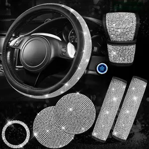 7pcs Bling Car Accessories for Women,Sparkly Rhinestone Diamond Steering Wheel Cover,Belt Cushion,Glitter Shift Knob Cover,Cup Holder Coaster