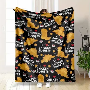 Chicken Nuggets Flannel Blanket Cute Dino and Heart Pattern Soft Warm Lightweight Cozy Throw for Sofa Bedroom Living Room Office Travel Camping Gift Use summerwins