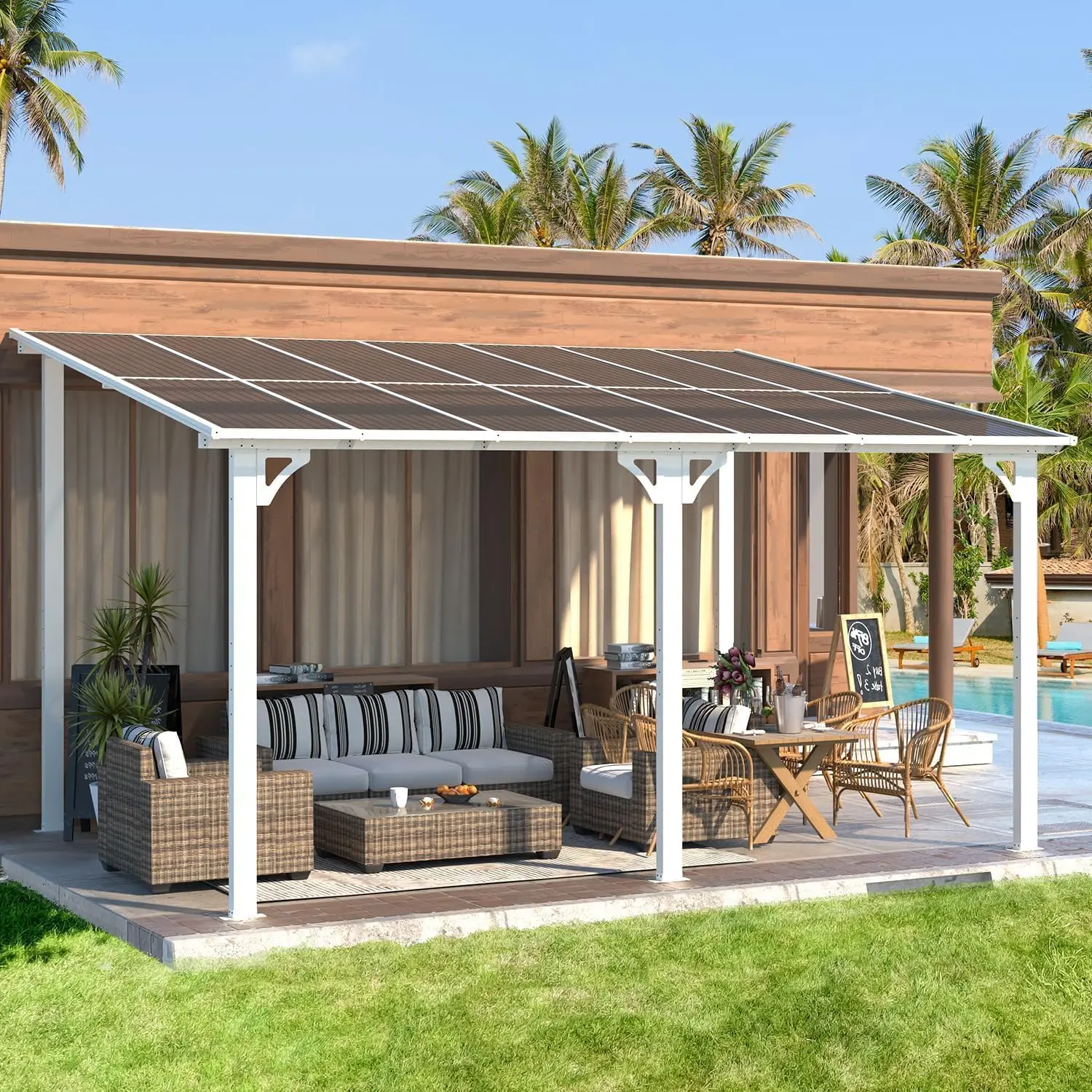 Garvee 10'X14' Hardtop Wall Mounted Gazebo with Gutters & Galvanized Steel Roof, 60MPH Wind Resistance, Lean to Gazebo Pergola with Sloped Roof for Deck, Porch, Backyard and More, White