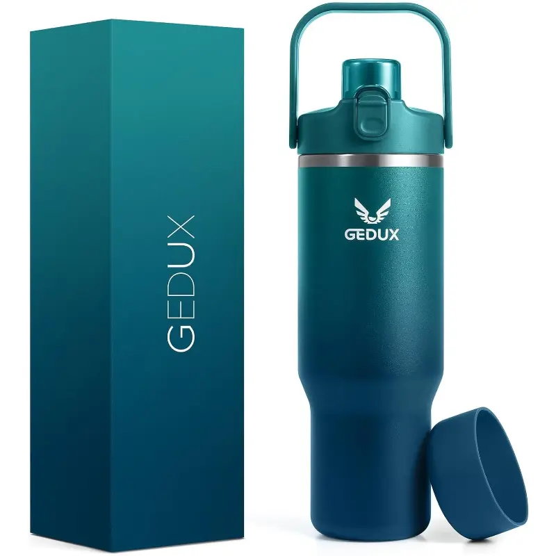 GEDUX 40oz Stainless Steel Tumbler with Handle and Straw, Vacuum Insulated Water Bottle with 2-in-1 Lid (Chug Lid/Straw Lid) and Silicone Boot #Summervibes