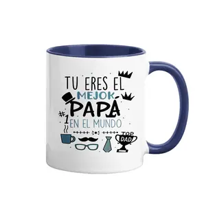 11oz Blue-Handle Ceramic Coffee Mug - Spanish "Mejor Papa Del Mundo" Print, "Top Dad" Trophy & Mustache Graphic - Humorous Father's Day Gift for Latino Dads, Kitchenware Drinkware Coffee Mugs for Drink Use