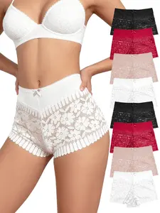 DORSU 8PCS Women's Sexy Lace Underwear Comfortable Breathable Fashion High Waist Women's Briefs Solid Color Bowknot Panties Set
