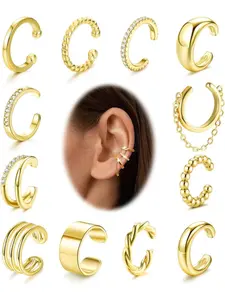 12 Pcs Ear Cuffs Non Piercing for Women 14K Gold Plated Adjustable Cuff Earrings Non Pierced Cubic Zirconia Ear Cuff Clip on Cartilage Fake Earrings Jewelry
