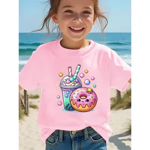 A White Short-Sleeve Top with a Milk Tea Donut Star Pattern, Perfect Girls to Wear in The