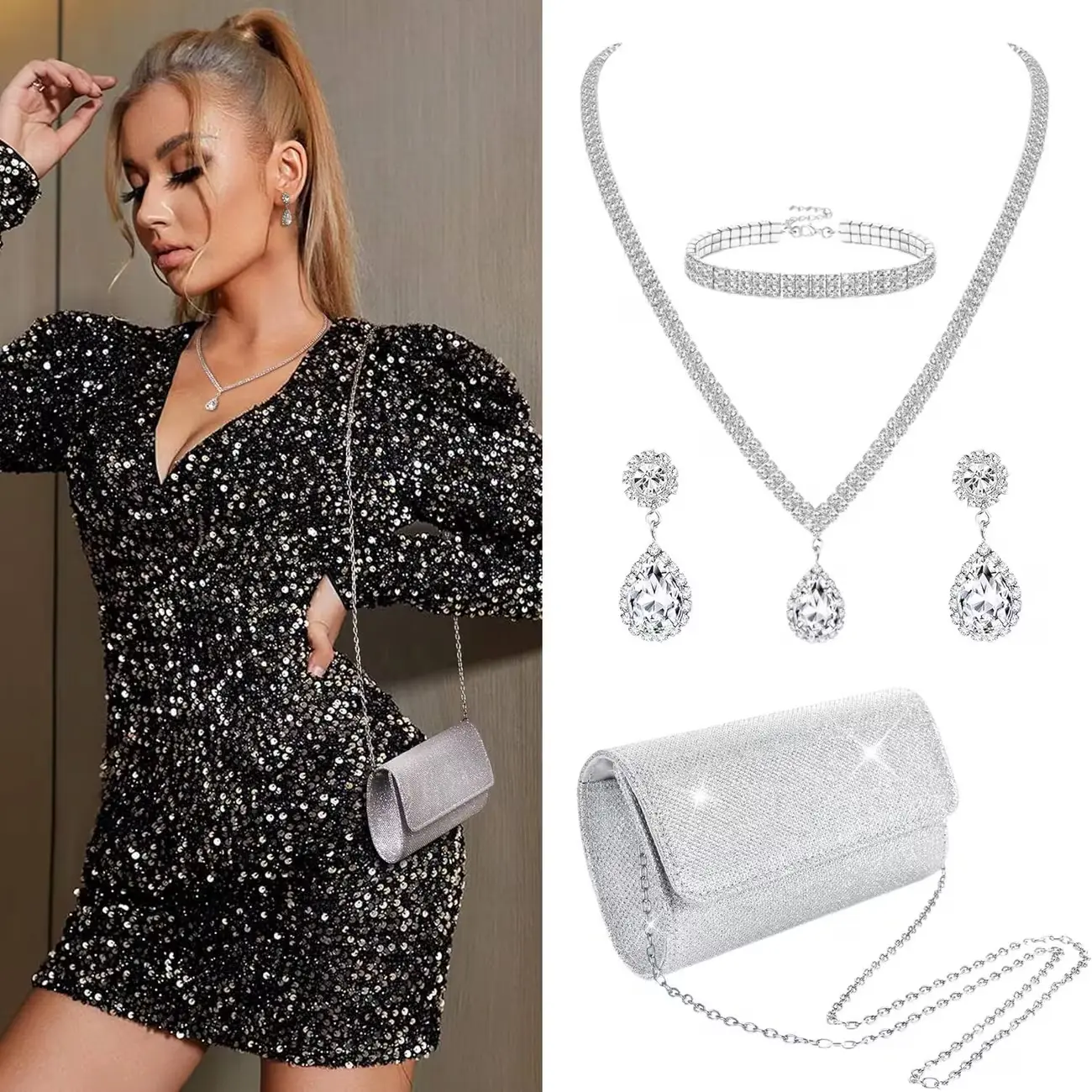4Pcs Silver Clutch Purse & Jewelry Set, Sparkling Rhinestone Crystal Necklace Earrings Bracelet, Elegant Silver Accessories, Lightweight Evening Bag, Stylish Bridal Jewelry Kit for Women, Perfect for Wedding, Party, Formal & Evening Occasions