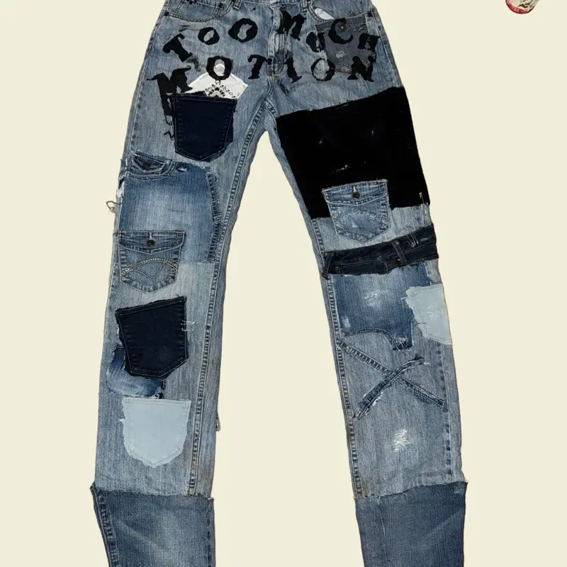 TOO MUCH MOTION ️ 1 of 1 handmade custom WOMENS’ JEANS  - SIZE: 34 x 34 - FIT: relaxed, straight leg and stacked #y2k #1of1 #handmade #custom #opium Blue Black Cotton - Recycled Streetwear, Skater, Y2K, Modern, Custom, handmade