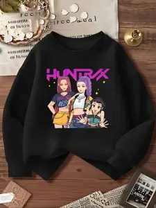 Girls' Casual Round Neck Loose Fit Sporty Sweatshirt, Elastic Fabric, Cartoon Pattern, Spring & Fall, Outdoor Indoor Activities