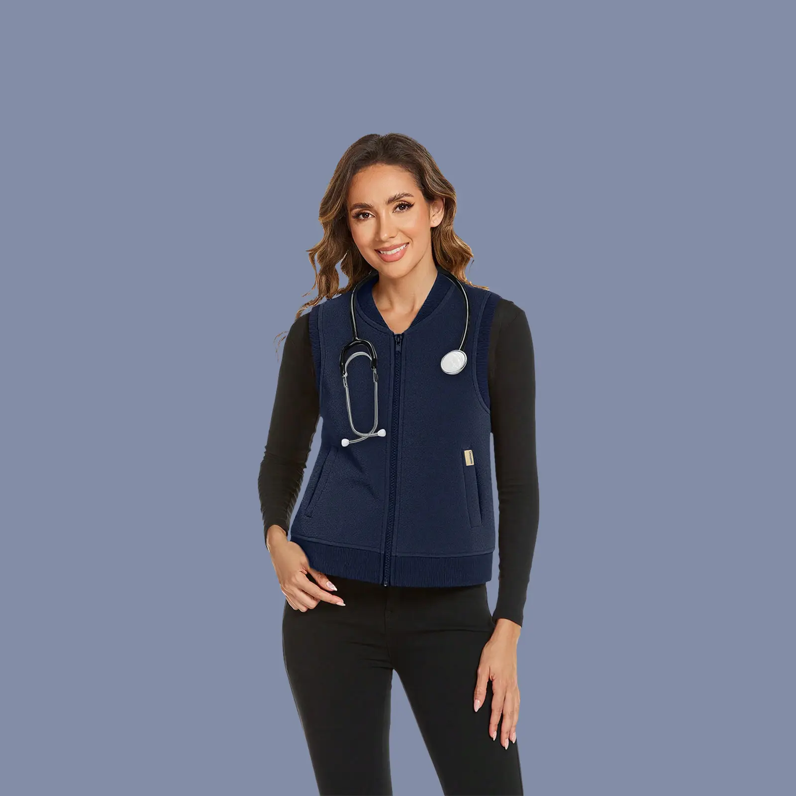 Cimmuovere Women's Warm Fleece V-Neck Vest Navy Blue Slim Fit Sleeveless Scrubs Sets for Healthcare Everyday Wear Casual Water-Resistant Top with Zipper Pockets