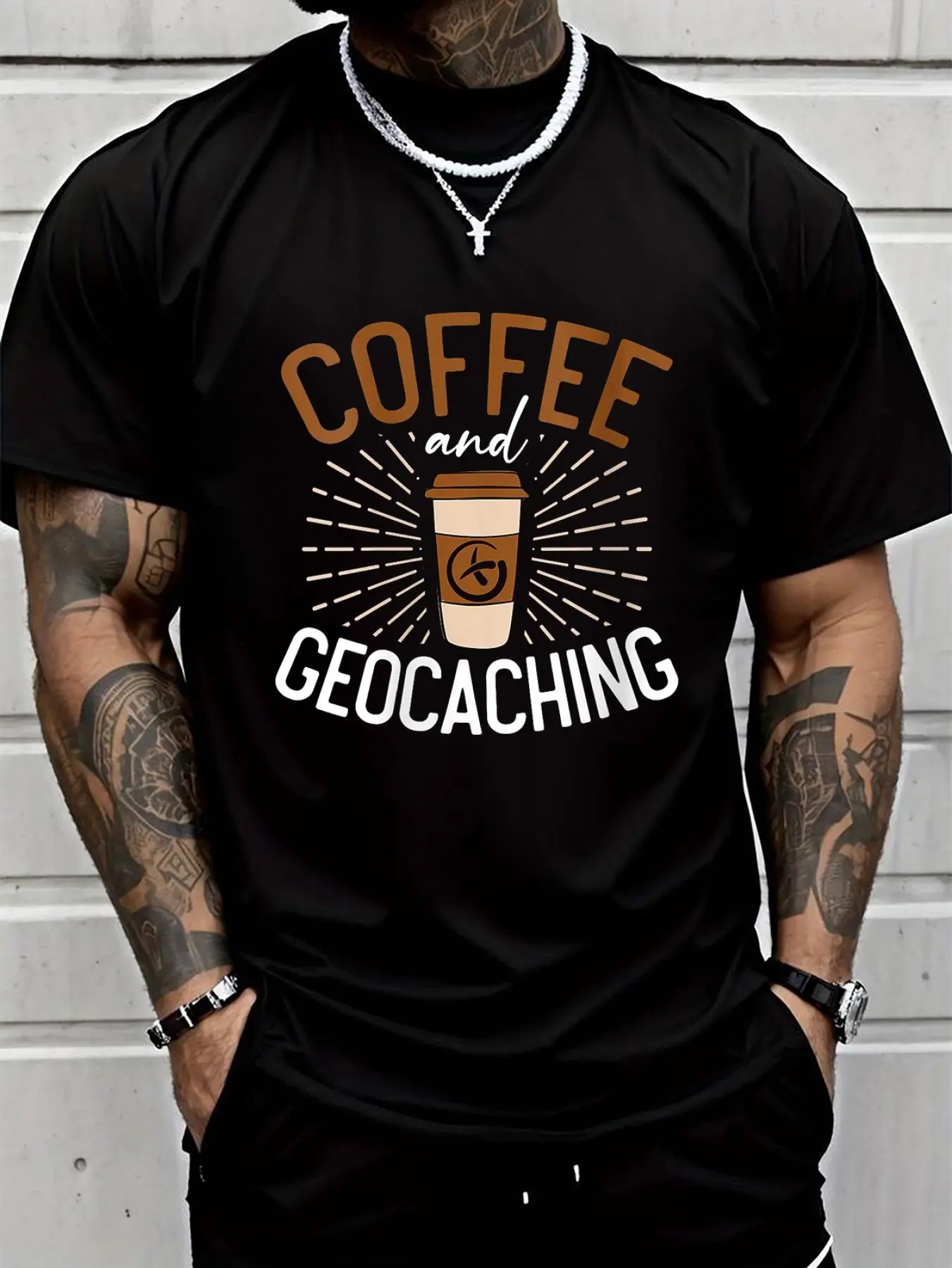 100% cotton Coffee And Geocaching Geocacher Treasure Hunting Pride Event o-neck T-Shirt Men Graphic T-Shirt Cotton Print short Sleeve Casual Top, Summer Tee Mens Tops